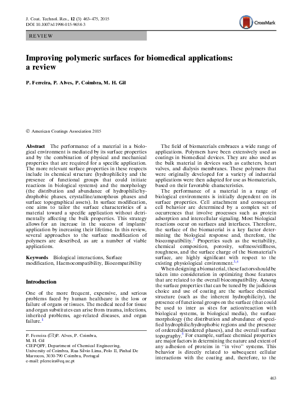 (PDF) Improving polymeric surfaces for biomedical applications: a review