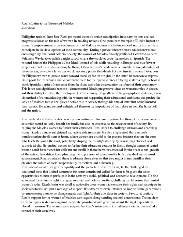 (PDF) Rizal's Letter to the Women of Malolos