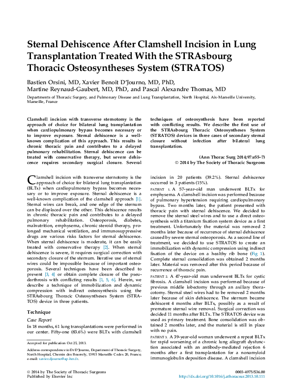 (PDF) Sternal Dehiscence After Clamshell Incision in Lung Transplantation Treated With the