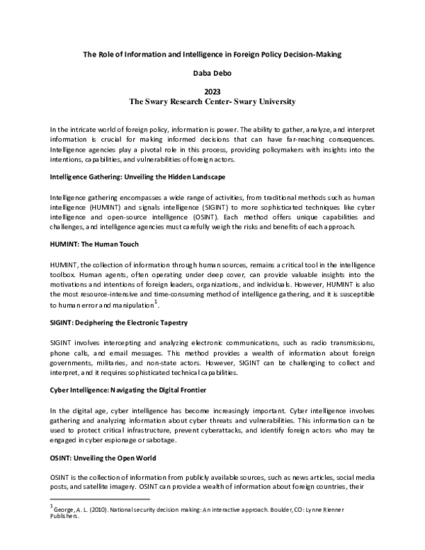 (PDF) The Role of Information and Intelligence in Foreign Policy ...
