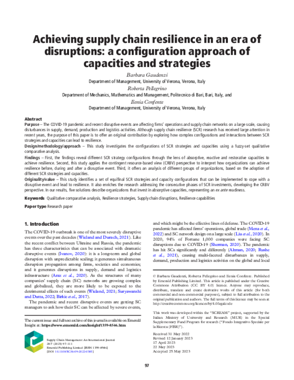 (PDF) Achieving supply chain resilience in an era of disruptions: a ...