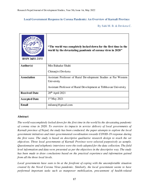 (PDF) Local Government Response in Corona Pandemic: An Overview of ...