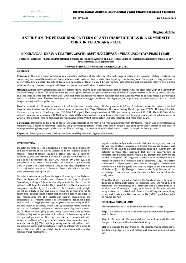 (PDF) A STUDY ON THE PRESCRIBING PATTERN OF ANTI-DIABETIC DRUGS IN A ...