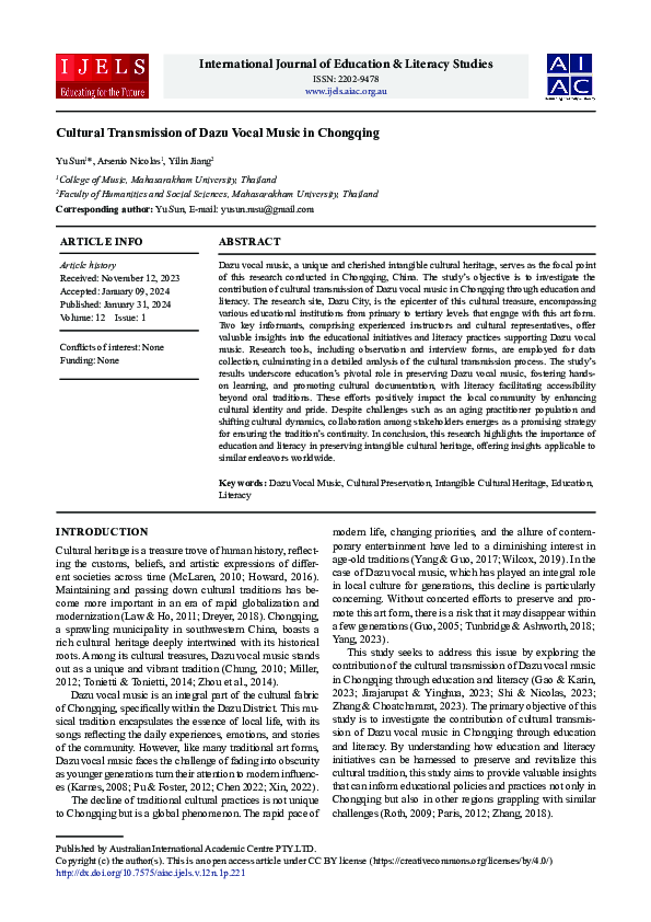 (PDF) Cultural Transmission of Dazu Vocal Music in Chongqing