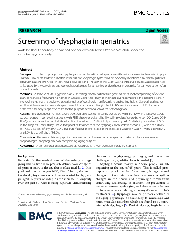 Pdf Screening Of Dysphagia In Geriatrics