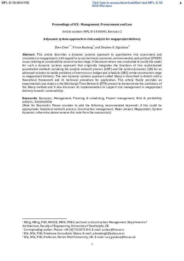 (PDF) A dynamic system approach to risk analysis for megaproject delivery