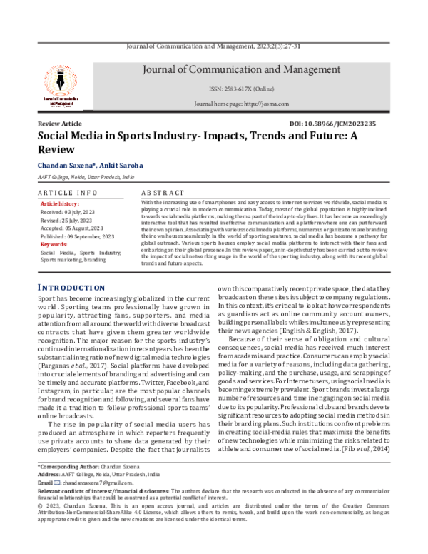 (PDF) Social Media in Sports Industry- Impacts, Trends and Future: A Review