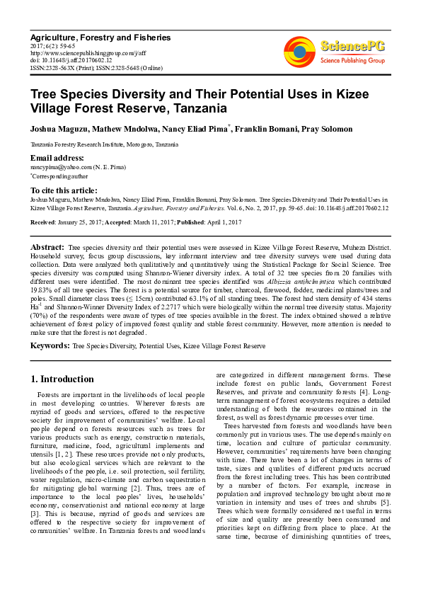 (PDF) Tree Species Diversity and Their Potential Uses in Kizee Village ...