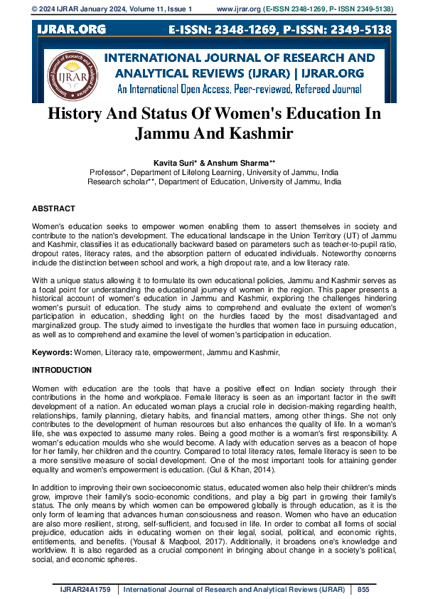 (PDF) History And Status Of Women's Education In Jammu And Kashmir