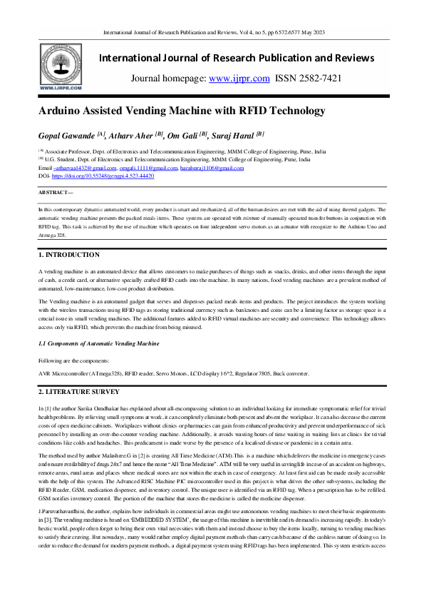 (PDF) Arduino Assisted Vending Machine with RFID Technology