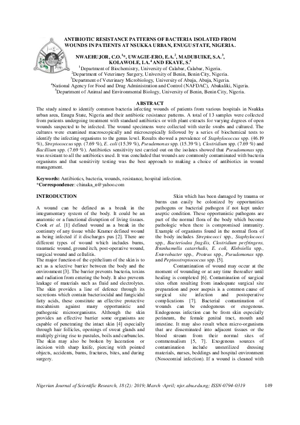 (PDF) ANTIBIOTIC RESISTANCE PATTERNS OF BACTERIA ISOLATED FROM WOUNDS ...