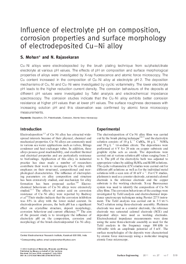 (PDF) Influence of electrolyte pH on composition, corrosion properties ...