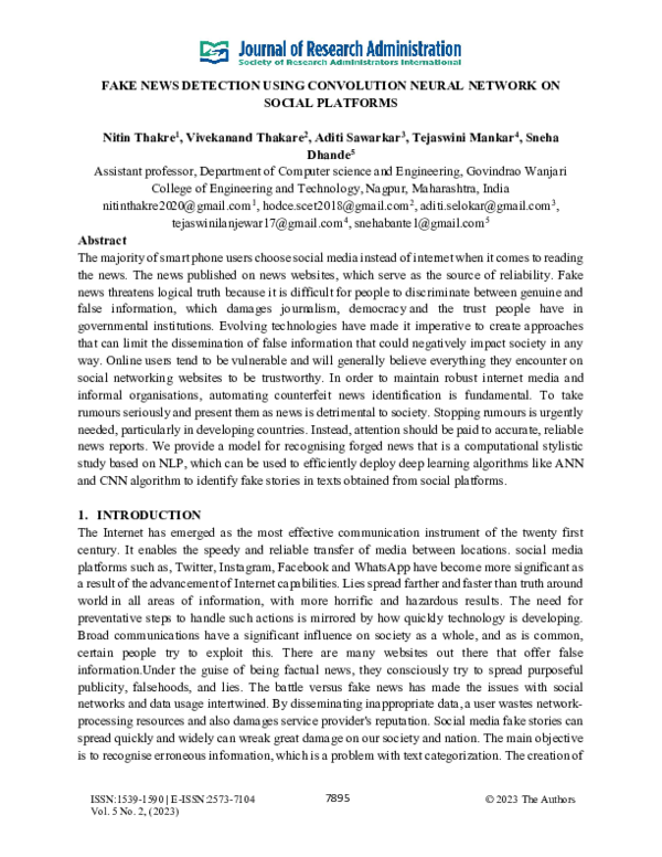 (PDF) FAKE NEWS DETECTION USING CONVOLUTION NEURAL NETWORK ON SOCIAL ...