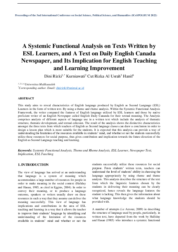 (PDF) A Systemic Functional Analysis on Texts Written by ESL Learners ...