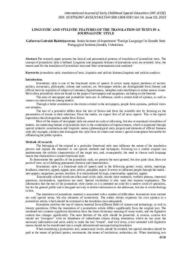(PDF) LINGUISTIC AND STYLISTIC FEATURES OF THE TRANSLATION OF TEXTS IN ...