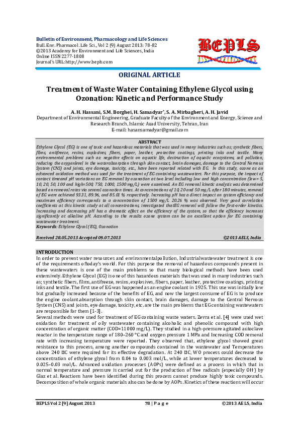 (PDF) Treatment of Waste Water Containing Ethylene Glycol using ...