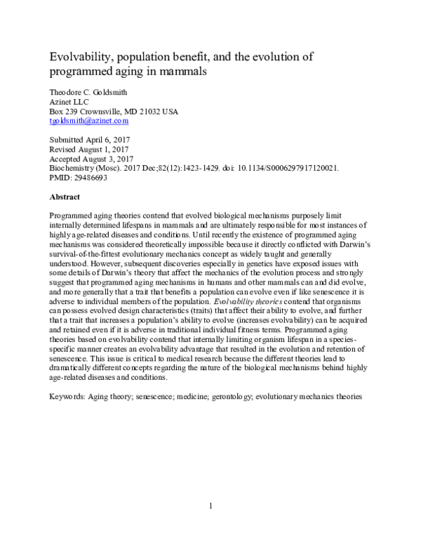 (PDF) Evolvability, population benefit, and the evolution of programmed ...