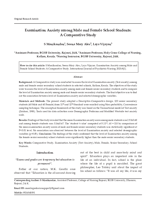 (PDF) Examination Anxiety among Male and Female School Students: A ...