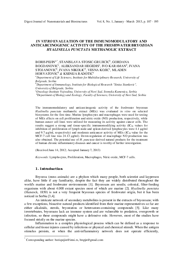 (PDF) In vitro evaluation of the immunomodulatory and anticarcinogenic ...