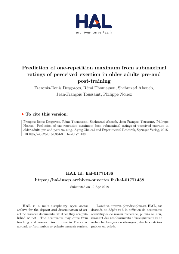 (PDF) Prediction of one-repetition maximum from submaximal ratings of ...