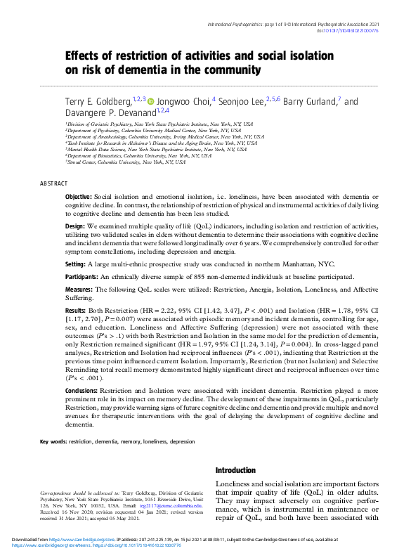 (PDF) Effects of restriction of activities and social isolation on risk ...