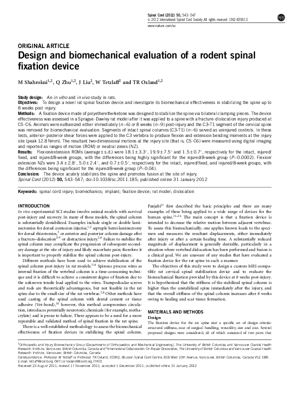 (PDF) Design and biomechanical evaluation of a rodent spinal fixation ...