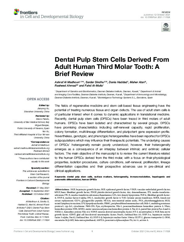 (PDF) Dental Pulp Stem Cells Derived From Adult Human Third Molar Tooth ...
