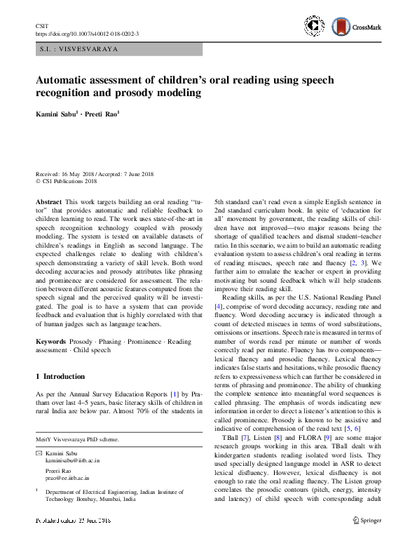 (PDF) Automatic assessment of children’s oral reading using speech ...
