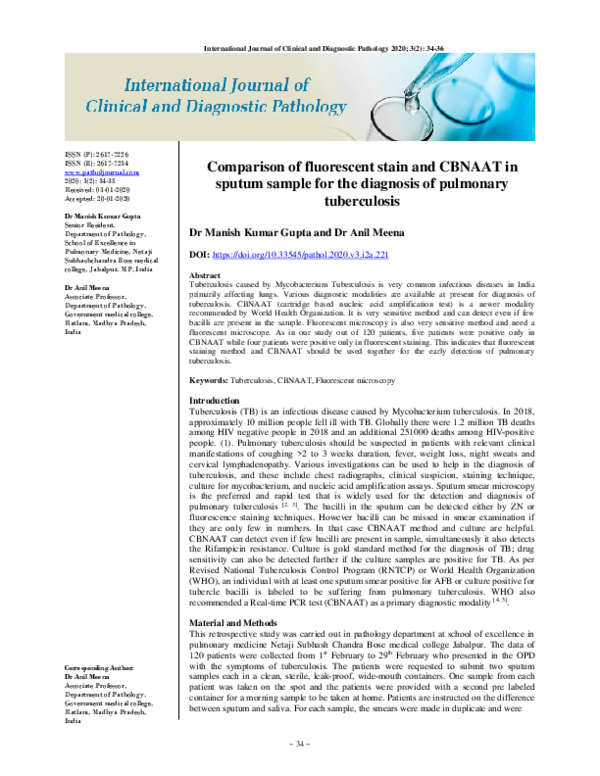 (PDF) Comparison of fluorescent stain and CBNAAT in sputum sample for ...