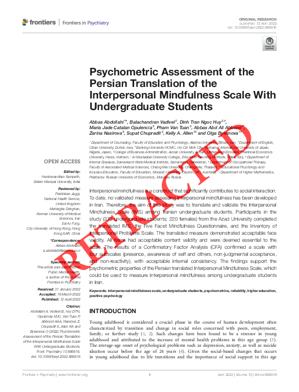 (PDF) Psychometric Assessment of the Persian Translation of the ...