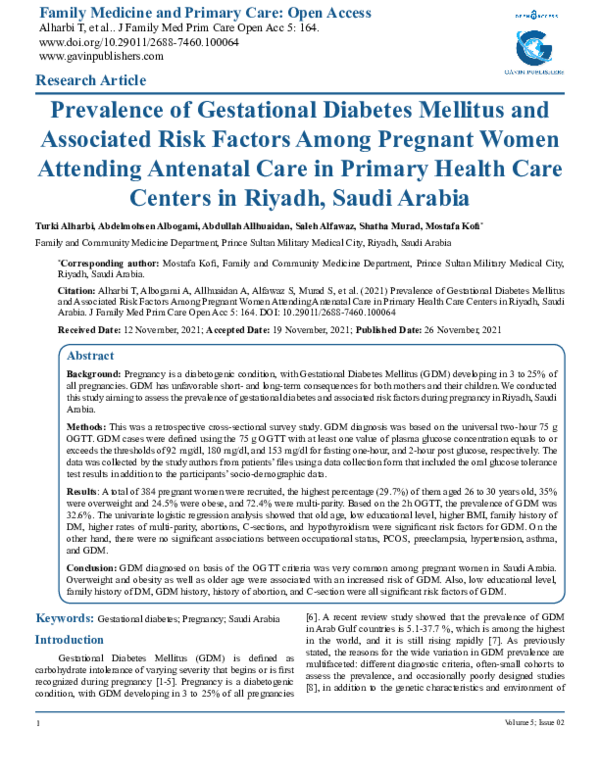 (PDF) Prevalence of Gestational Diabetes Mellitus and Associated Risk ...