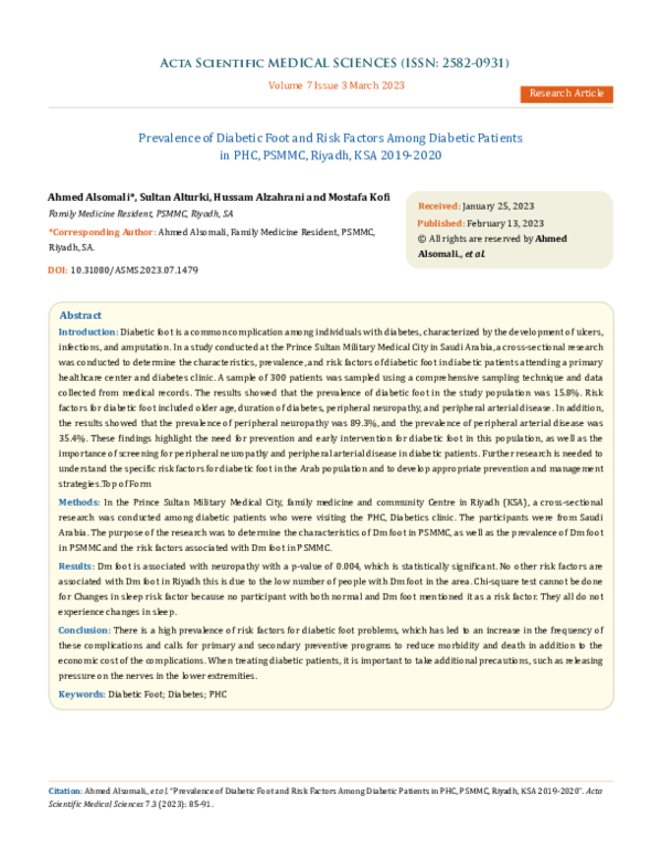 (PDF) Prevalence of Diabetic Foot and Risk Factors Among Diabetic ...