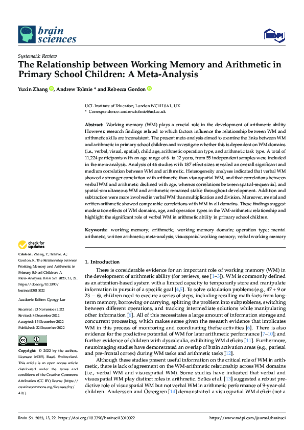 (PDF) The Relationship between Working Memory and Arithmetic in Primary ...