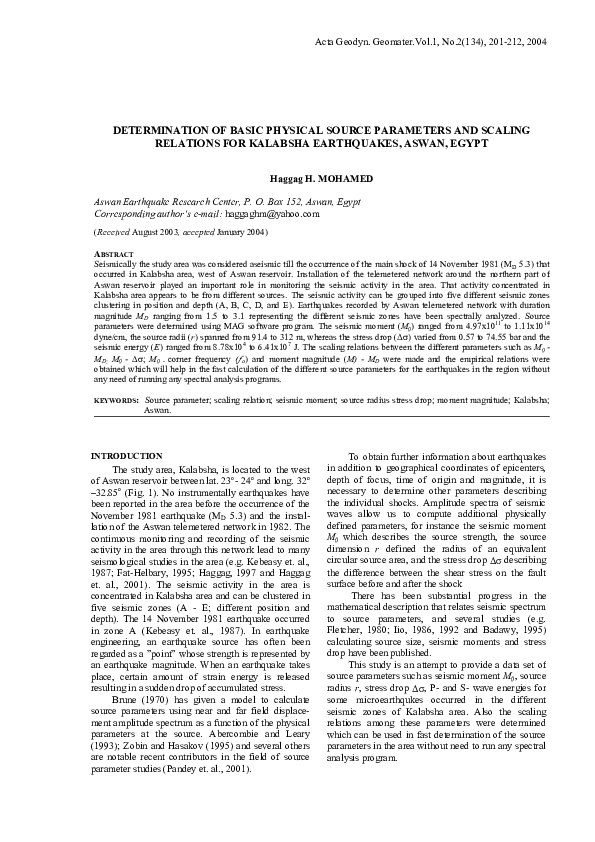 (PDF) Determination of Basic Physical Source Parameters and Scaling ...