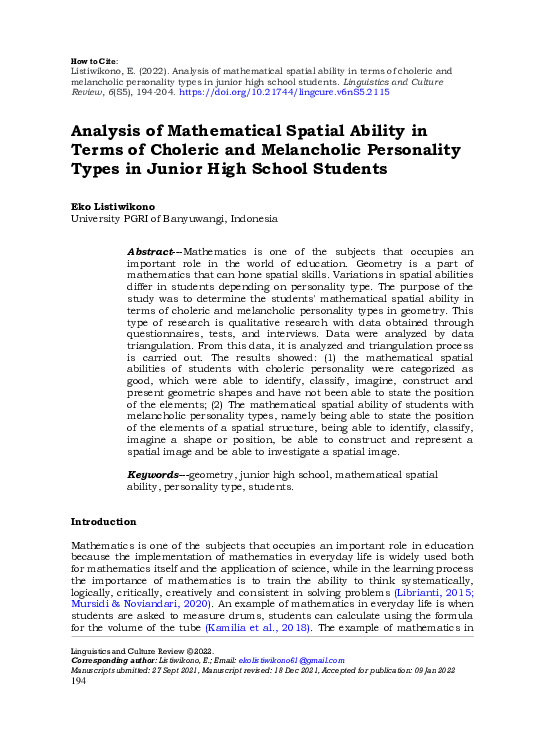 (PDF) Analysis of mathematical spatial ability in terms of choleric and ...