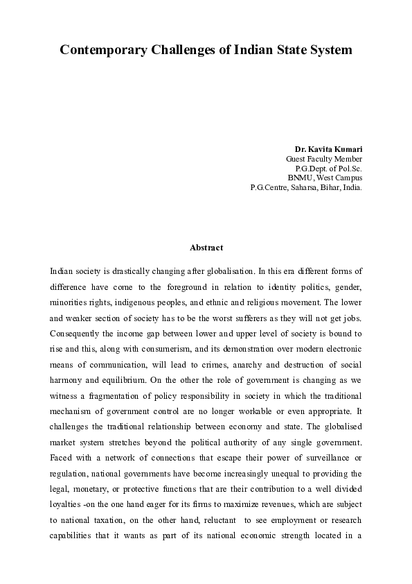 (DOC) Contemporary Challenges of Indian State System