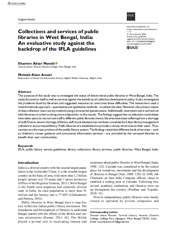 (PDF) Collections and services of public libraries in West Bengal ...