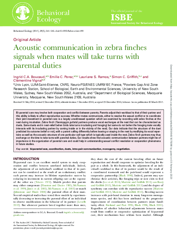 (PDF) Acoustic communication in zebra finches signals when mates will ...