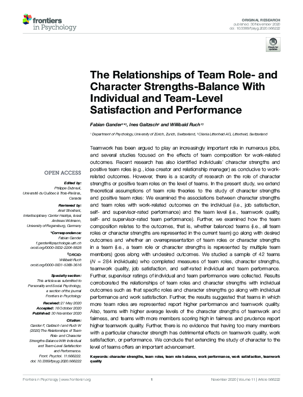(PDF) The Relationships of Team Role- and Character Strengths-Balance ...