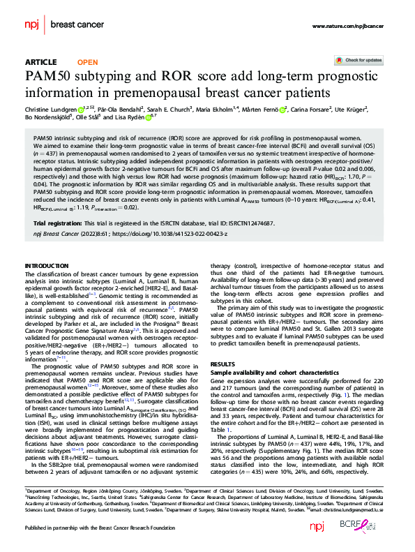 (PDF) PAM50 subtyping and ROR score add long-term prognostic ...