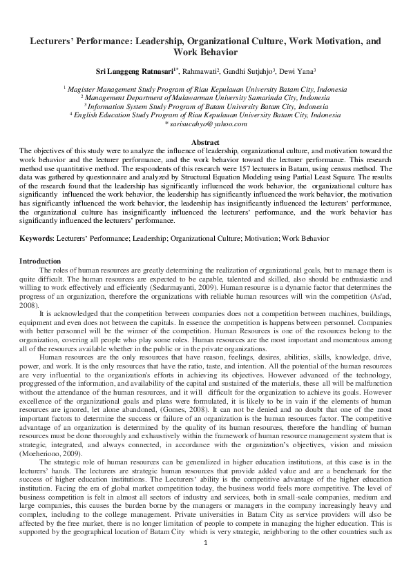  pdf lecturer s performance leadership organizational culture work