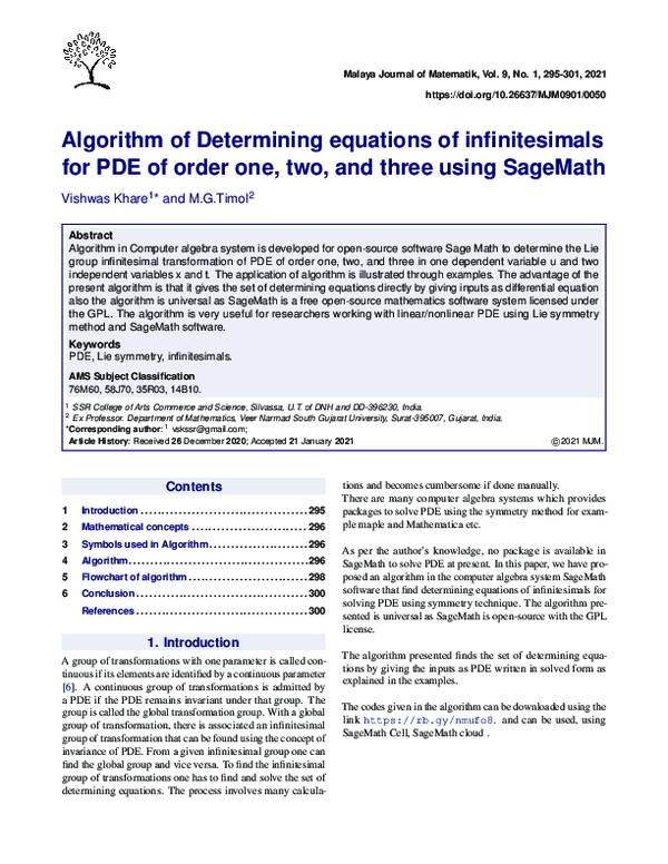 (PDF) Algorithm of Determining equations of infinitesimals for PDE of ...