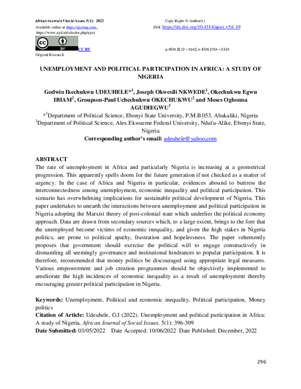 (PDF) Unemployment and political participation in Africa: a study of ...