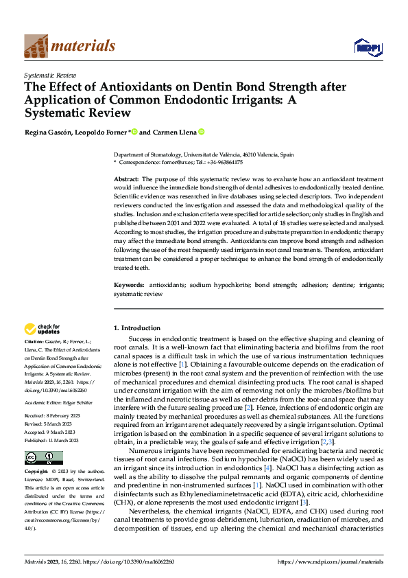 (PDF) The Effect of Antioxidants on Dentin Bond Strength after Application of Common Endodontic