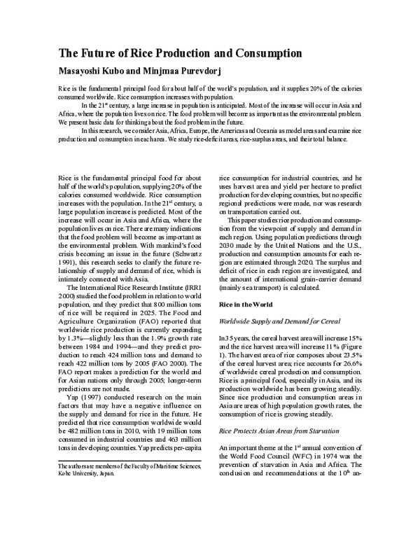 (PDF) The Future of Rice Production and Consumption