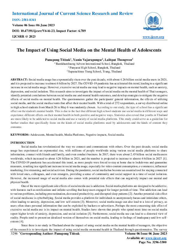 (PDF) The Impact of Using Social Media on the Mental Health of Adolescents