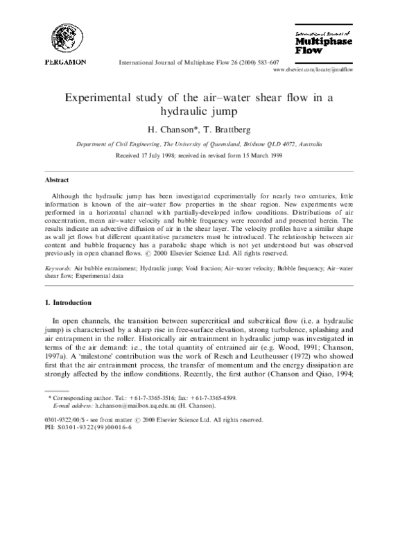 (PDF) Experimental study of the air±water shear¯ow in a hydraulic jump