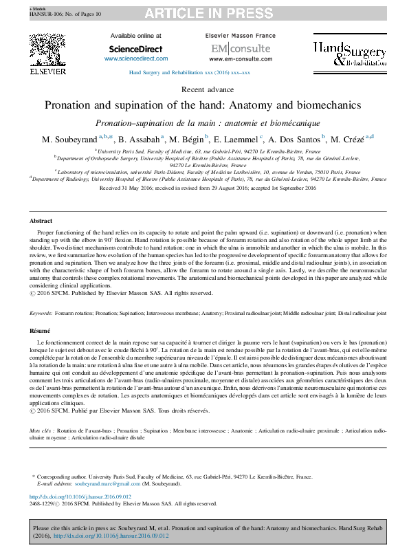 (PDF) Pronation and supination of the hand: Anatomy and biomechanics