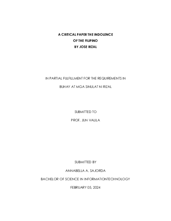 (PDF) Reflection Paper - The Indolence of the Filipino