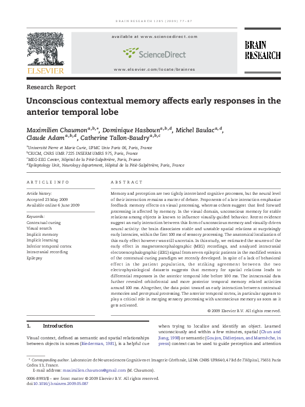 (PDF) Unconscious contextual memory affects early responses in the ...